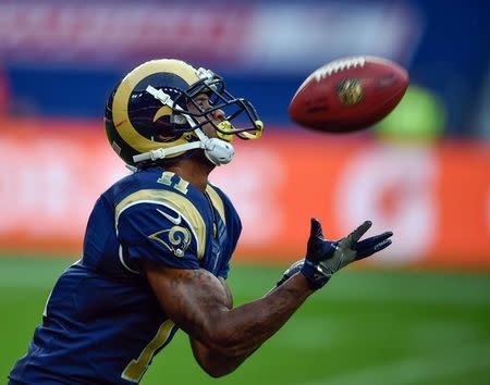 Oct 23, 2016; London, ENG; wide receiver Tavon Austin (11) of the Los Angeles Rams receives a punt during the third quarter of the game between the Los Angeles Rams and the New York Giants at Twickenham Stadium. Mandatory Credit: Steve Flynn-USA TODAY Sports