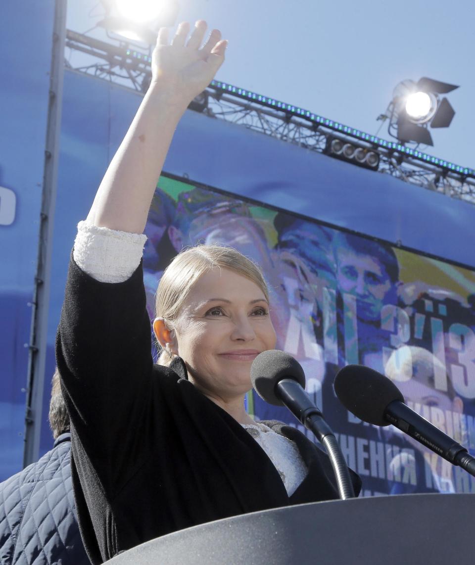 Former Ukrainian Prime Minister Yulia Tymoshenko, delivers her speech, during the Batkivshchina (Fatherland) party congress in Kiev, Ukraine, Saturday, March 29, 2014. Tymoshenko, declared this week that she will "be the candidate of Ukrainian unity." The May 25 election is taking place against the backdrop of the annexation of Crimea, Ukraine's dire economic straits and rumblings of discontent in the country's mainly Russian-speaking eastern provinces. (AP Photo/Efrem Lukatsky)