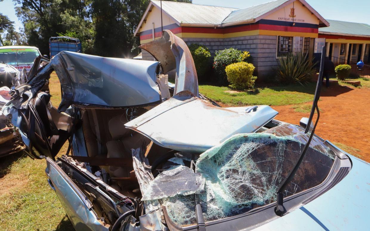 The crashed car that marathon world record-holder Kelvin Kiptum was driving sits in front of the Police Station in Kaptagat, Kenya, 12 February 2024.