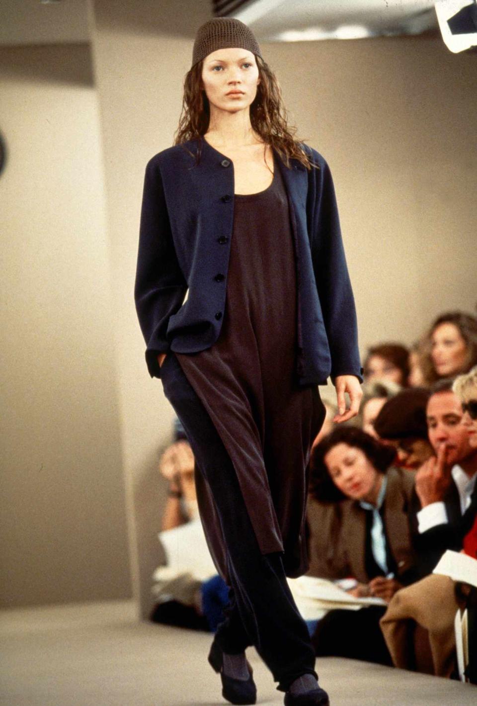 <p>Kate's famous cheekbones were on display as she walked the runway in a low-key look at the Calvin Klein Spring 1993 show in New York City. </p>