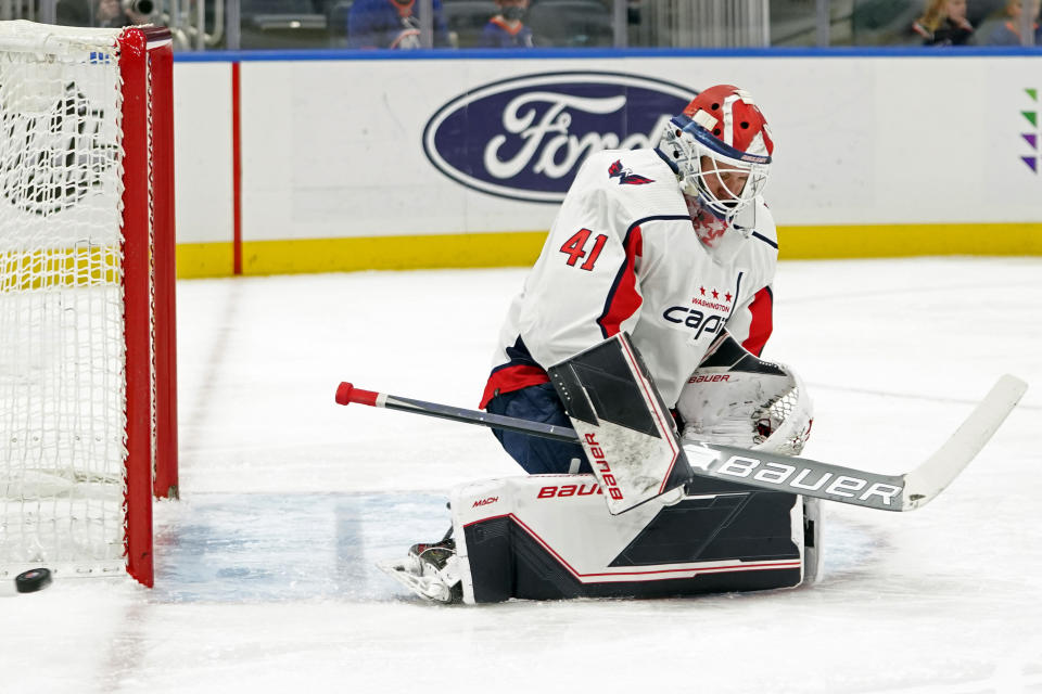 Washington Capitals goaltender Vitek Vanecek makes a save against the New York Islanders during the second period of an NHL hockey game, Saturday, Jan. 15, 2022, in Elmont, N.Y. (AP Photo/Mary Altaffer)