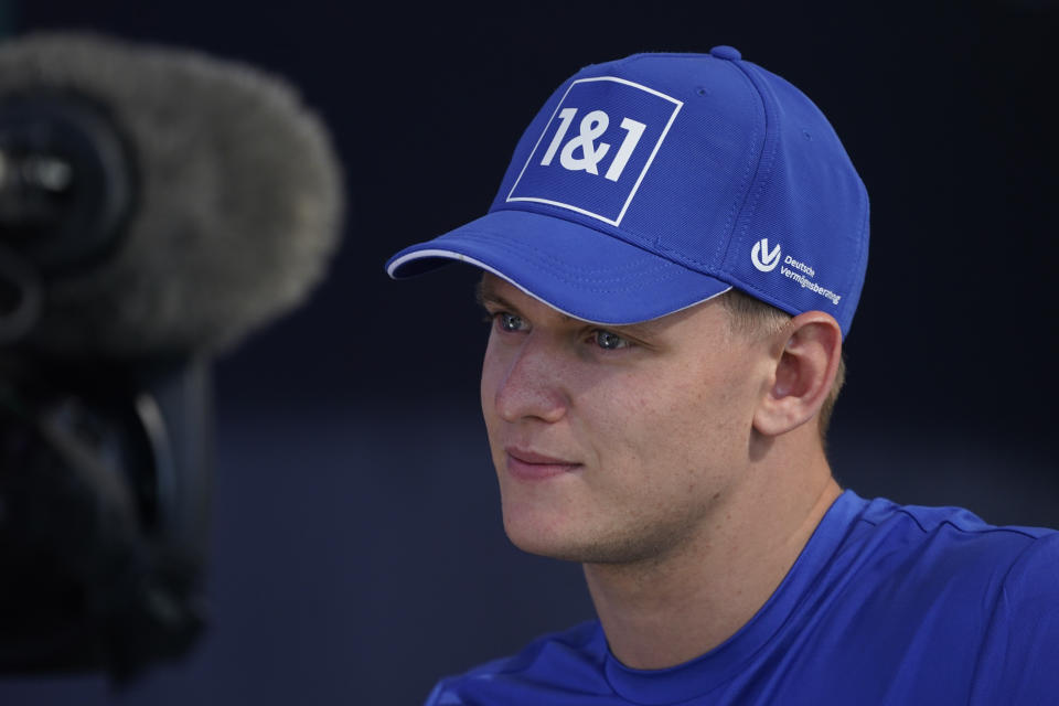 Haas driver Mick Schumacher, of Germany, responds to a question during a news conference before the Formula One U.S. Grand Prix auto race at Circuit of the Americas, Thursday, Oct. 20, 2022, in Austin, Texas. (AP Photo/Darron Cummings)