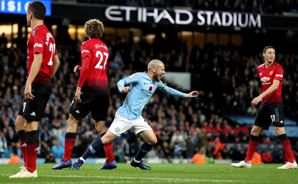 Manchester City’s David Silva celebrates scoring his side’s first goal of the game