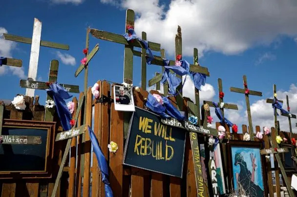 PHOTO: A view of a memorial erected at Centennial Park almost one month after Hurricane Ian made landfall in Fort Myers, Fla., Oct. 26, 2022. (Marco Bello/Reuters)