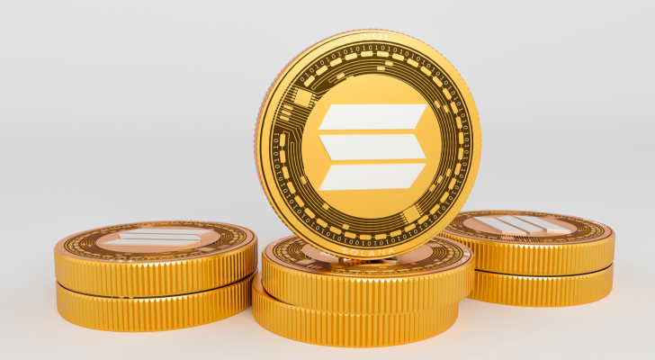 Solana Crypto currency Gold Solana SOL. Close up on white background Blockchain concept 3d rendering