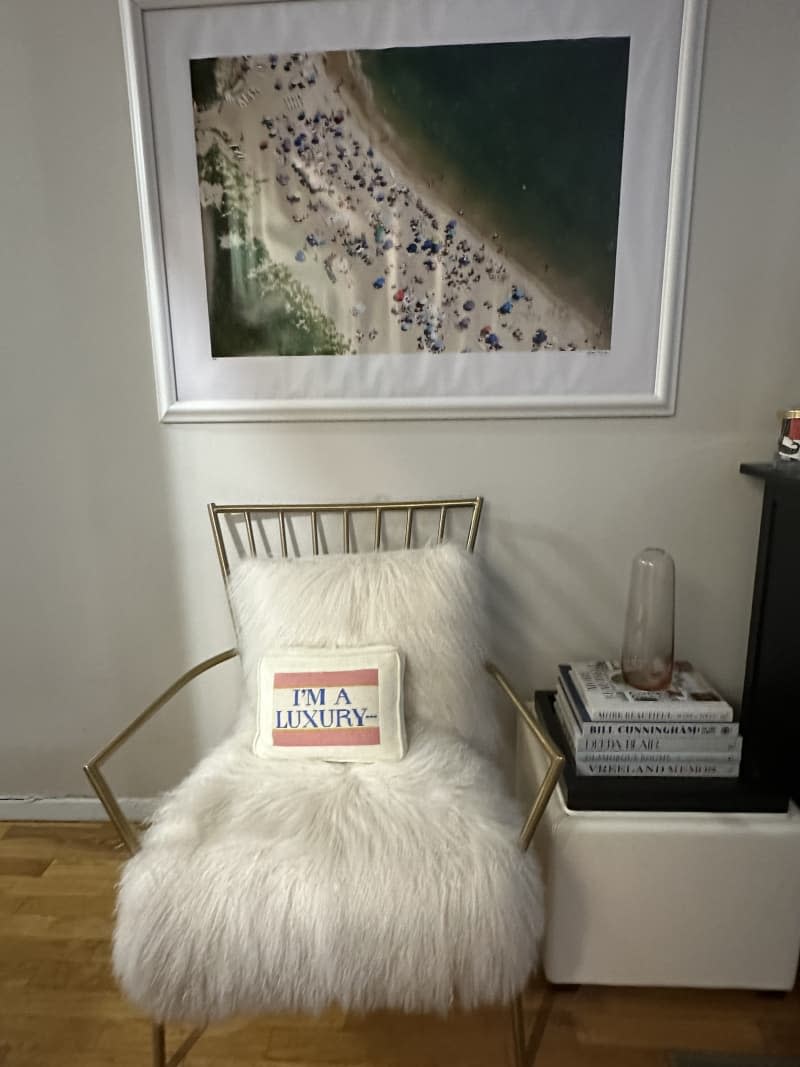 The framed photo above the furry chair next to a stack of books.