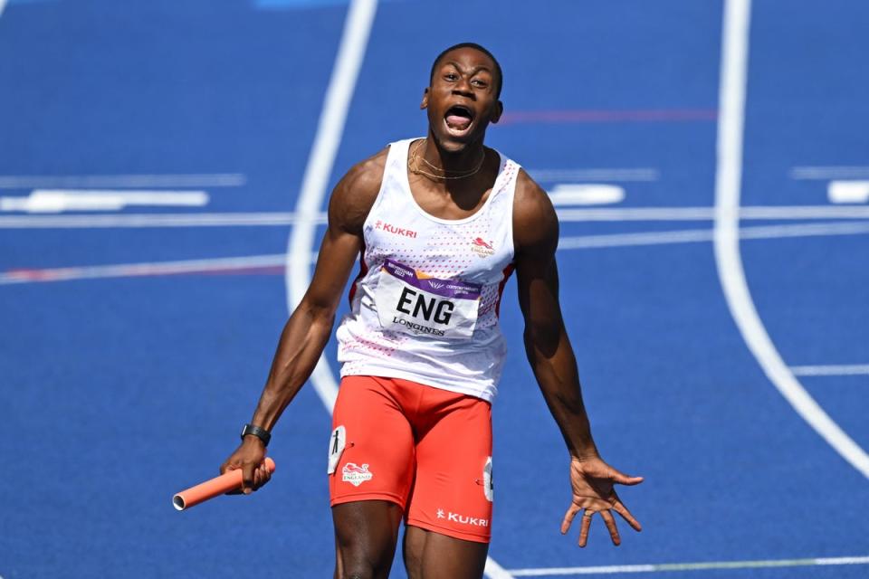 7 August 2022: Ojie Edoburun of England takes the gold medal in the 4x100 Men’s Relay on Day 10 of the Commonwealth Games in Birmingham (EPA)