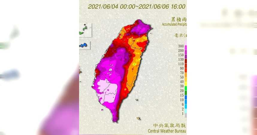 6/4-6/6滯留鋒面豪雨累積雨量。（圖／中央氣象局）