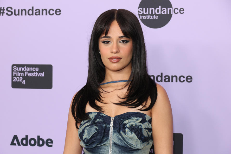 Camila Cabello at Sundance Film Festival 2024 in a strapless, blue-patterned dress