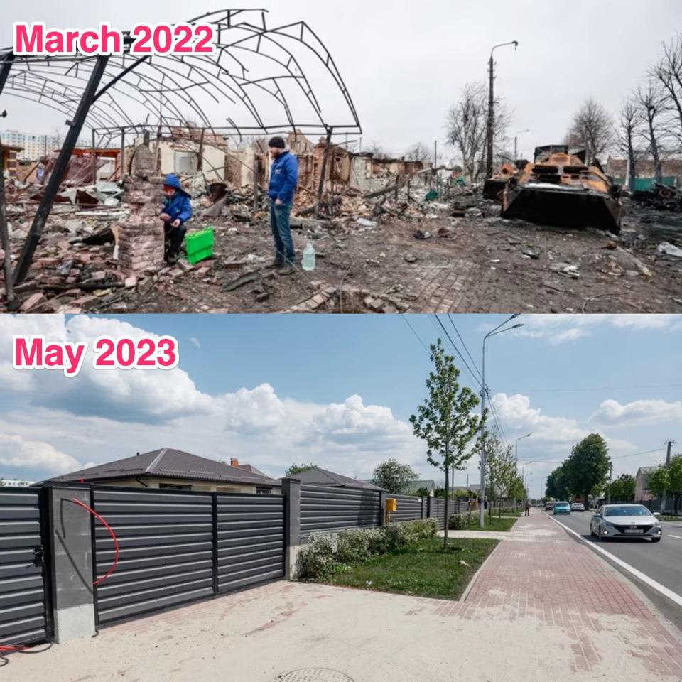 The top image shows wreckage on Bucha's Vokzalna Street. Below, is the same street photographed in May 2023.