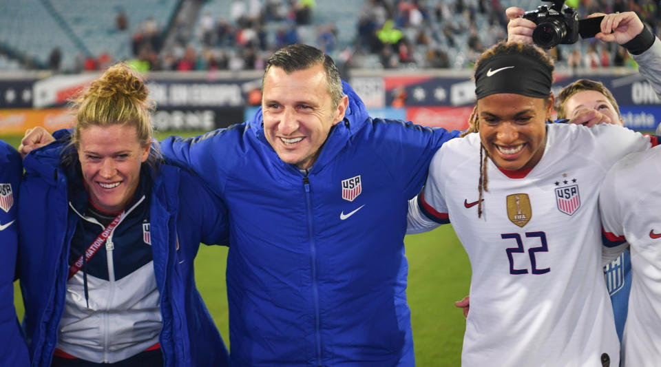 USWNT coach Vlatko Andonovski (center) has made his way from Macedonia, where it was unheard of to see girls play soccer, to coaching the best women's program on the planet. (Photo by Brad Smith/ISI Photos/Getty Images)