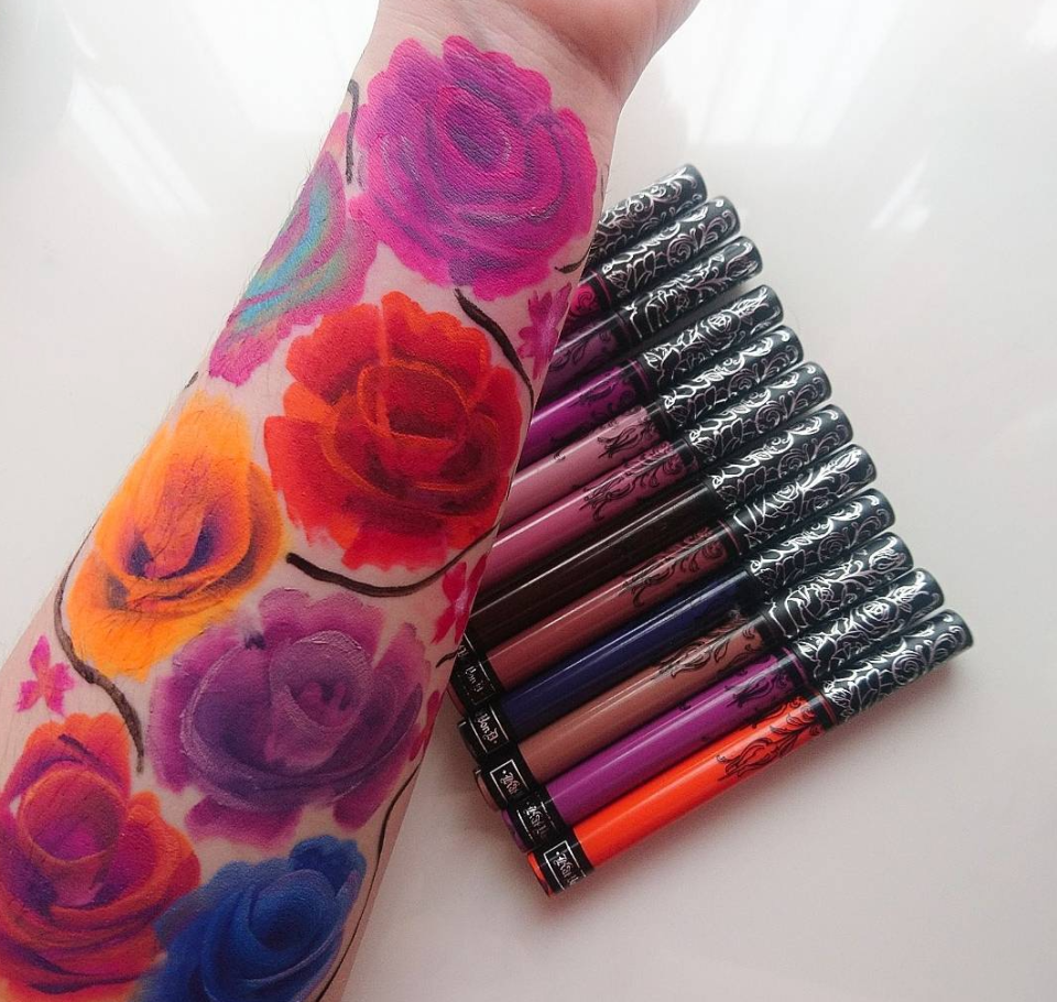 One makeup artist created a garden of flowers instead of a standard rectangular Kat Von D Everlasting Liquid Lipstick swatch.