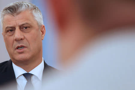 Kosovo's President Hashim Thaci speaks during an interview with Reuters in his office in Pristina, Kosovo, February 13, 2018. REUTERS/Hazir Reka