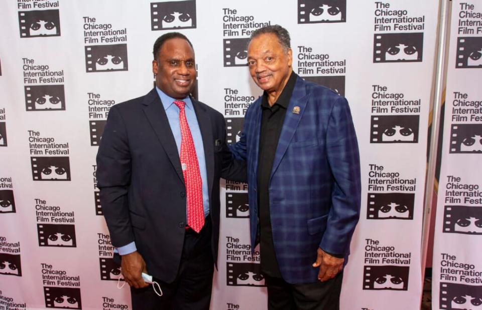 Jonathan Jackson with his father, the Rev. Jesse Jackson, on Oct. 14, 2021 on the red carpet before a screening of “Punch 9 For Harold Washington” during the 57th Chicago International Film Festival at the AMC River East Theater in Chicago. (Photo by Barry Brecheisen/Getty Images)