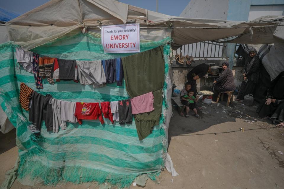 A sign in Gaza that reads, “Thanks for your solidarity! Emory University” pictured on 1 May. Dozens of protesters at Emory University in Georgia have established an encampment on campus (EPA)