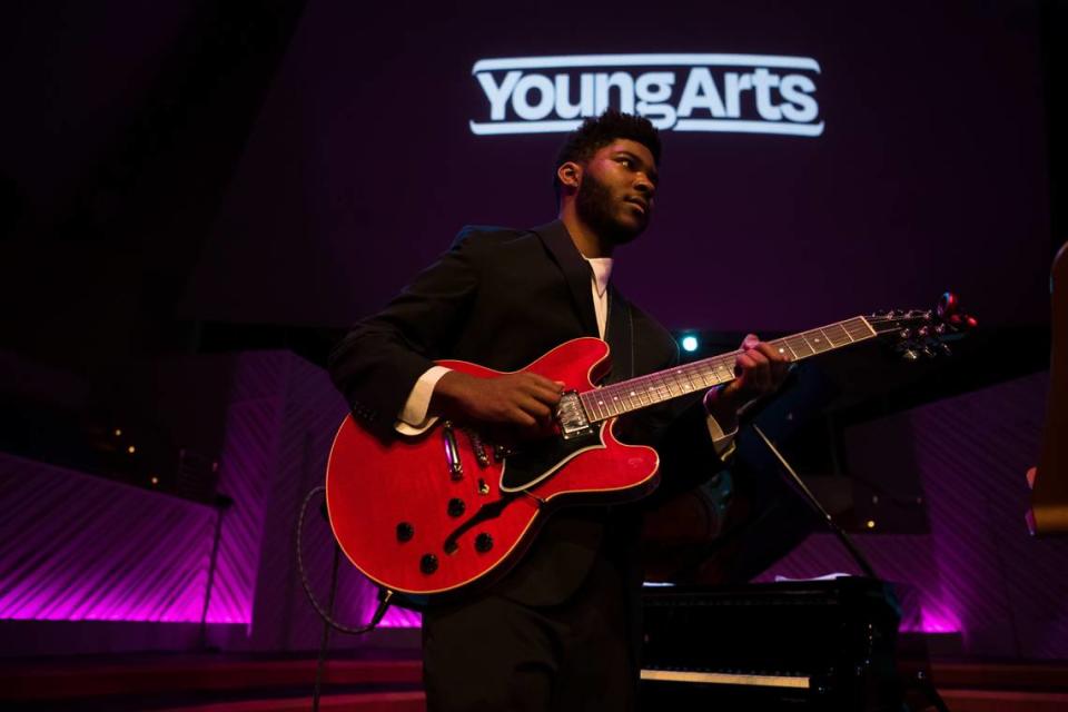 Talented young artists of all disciplines come to Miami for National YoungArts Week. Mason Bryant, a 2023 YoungArts winner in jazz plays the guitar.