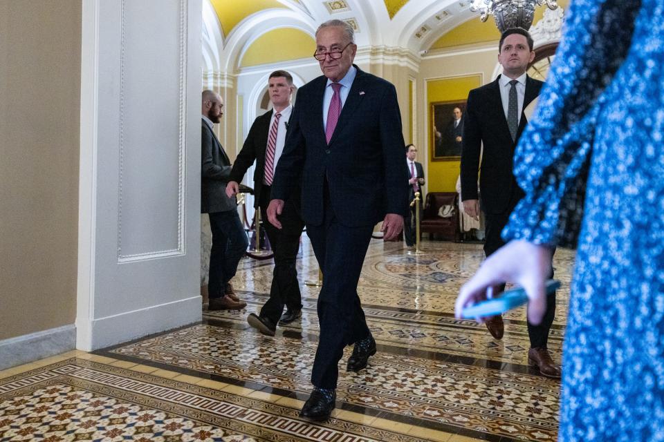 Senate Majority Leader Chuck Schumer (D-NY) arrives for weekly Democratic Party luncheons at the US Capitol on July 9, 2024 in Washington, DC.