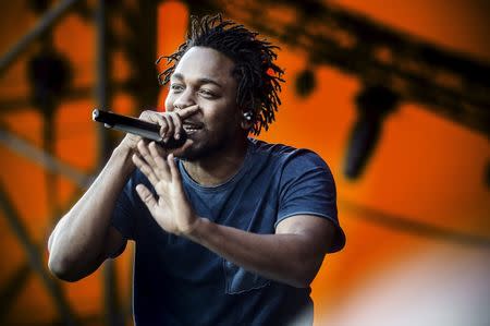 Kendrick Lamar at the Orange Stage, Roskilde Festival July 3, 2015. REUTERS/Simon Laessoee/Scanpix Denmark/Files