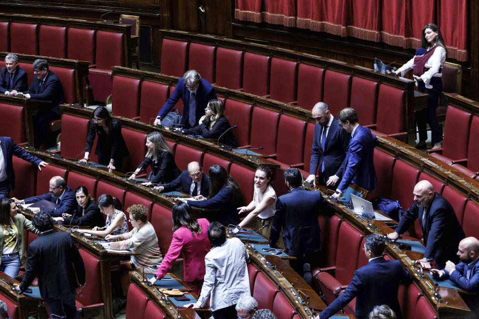 5-Star Movement lawmaker Gilda Sportiello nurses her child in the Italian lower Chamber in Rome, Wednesday, June 7, 2023. Bipartisan applause broke out on Wednesday when Gilda Sportiello, a member of the lower Chamber of Deputies, nursed her 2-month-old son during a legislative vote becoming the first woman to do so in the Italian parliament. (Roberto Monaldo/LaPresse via AP)