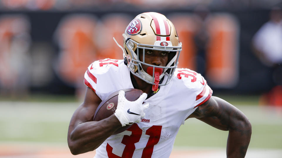 Niners running back Raheem Mostert has requested a trade. (AP Photo/Gary Landers)