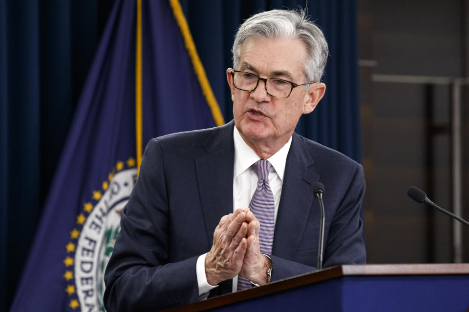 Federal Reserve Chair Jerome Powell gestures while speaking during a news conference after the Federal Open Market Committee meeting, Wednesday, Dec. 11, 2019, in Washington. (AP Photo/Jacquelyn Martin)