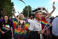 <p>Crowds supporting the Same Sex Marriage Survey party down Oxford St., in the heart of Sydney’s gay precinct on Nov. 15, 2017 in Sydney, Australia. (Photo: James Alcock/Getty Images) </p>