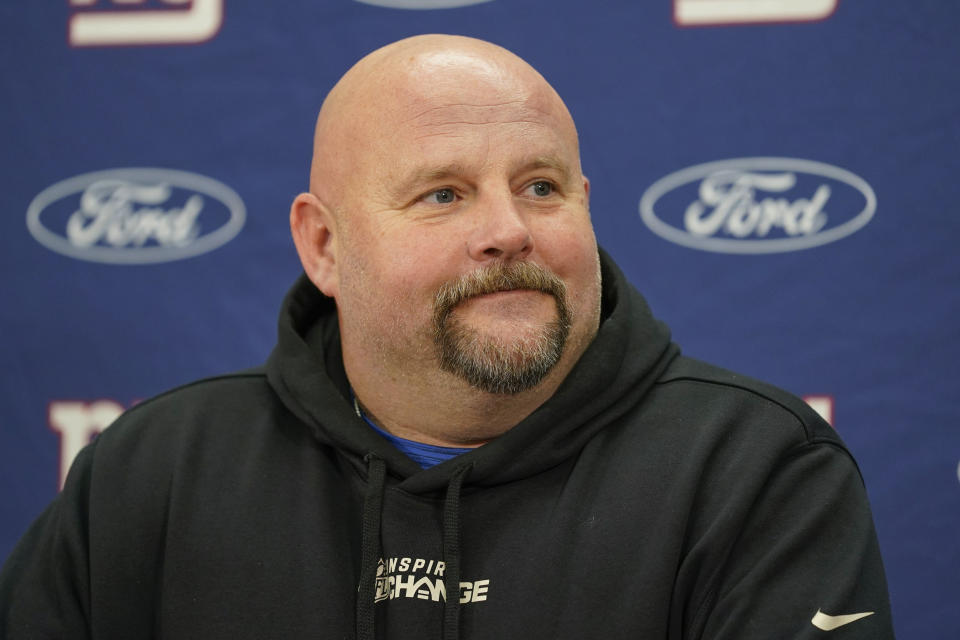New York Giants head coach Brian Daboll smiles during a news conference after a 20-12 victory over the Washington Commanders, Sunday, Dec. 18, 2022, in Landover, Md. (AP Photo/Susan Walsh)
