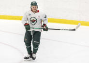 Minnesota Wild's Kirill Kaprizov watches during NHL hockey training camp, Thursday, Sept. 22, 2022, in St. Paul, Minn. (Carlos Gonzalez/Star Tribune via AP)