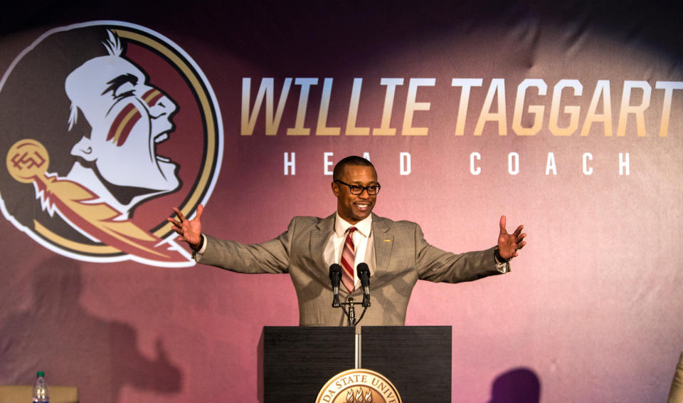 Willie Taggart gestures as he is introduced as Florida State’s new football coach during an NCAA college football news conference in Tallahassee, Fla. (AP)