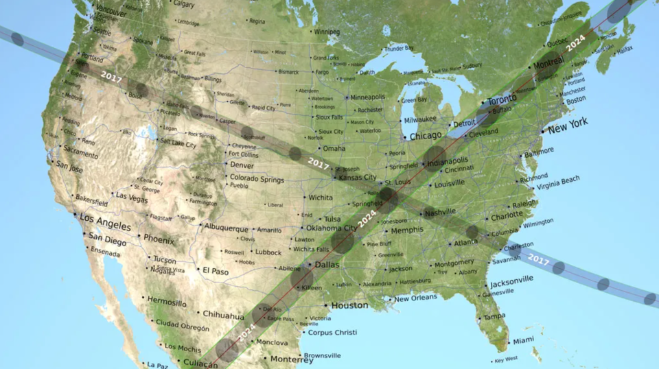 This map compares the 2017 path of the total solar eclipse to the one that will happen on April 8, 2024.