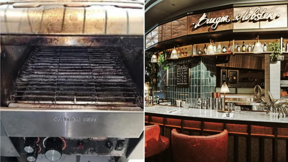 Dirty oven toaster at Burger & Lobster Singapore (left) and photo of restaurant (Photos: SFA and Facebook/Burger & Lobster Singapore) 