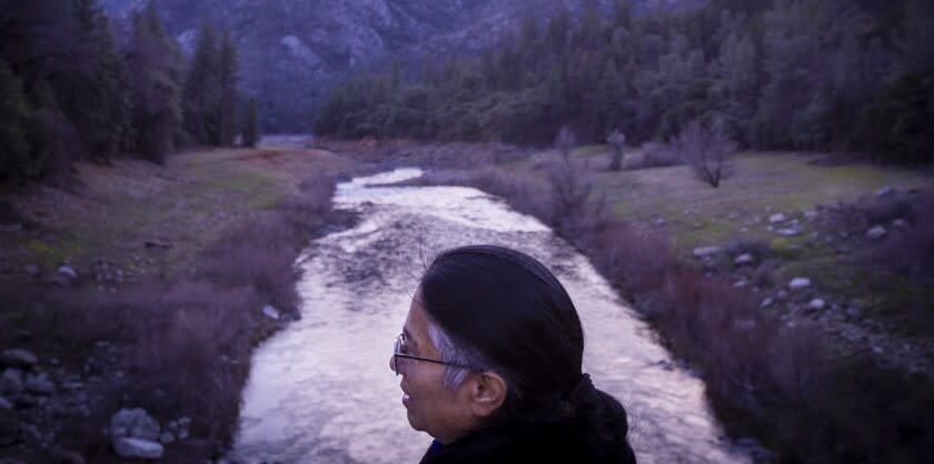 McCloud River, CA - January 21: Caleen Sisk, chief and spiritual leader of the Winnemem Wintu Tribe, visits the McCloud River in January. (Allen J. Schaben / Los Angeles Times)