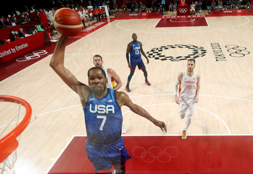 Kevin Durant is coming alive for Team USA men's hoops at the right time in Tokyo. (Photo by Gregory Shamus/Getty Images)