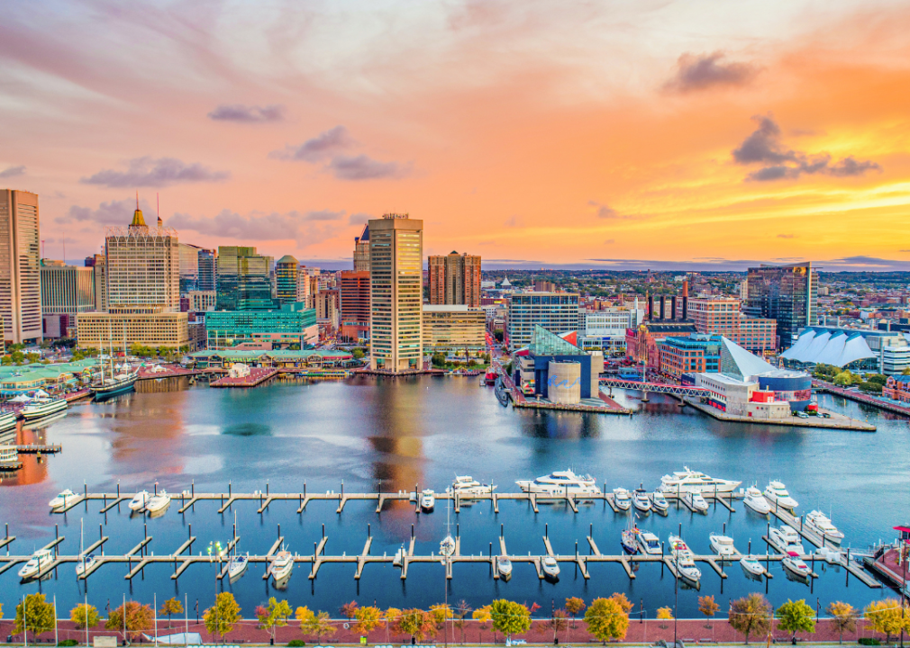 Inner harbor in the foreground and city skyline in the background.