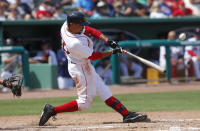 Boston Red Sox' Mookie Betts connects on a solo-home run in the seventh inning of a spring training baseball game against the Atlanta Braves Saturday, March 16, 2019, in Fort Myers, Fla. (AP Photo/John Bazemore)