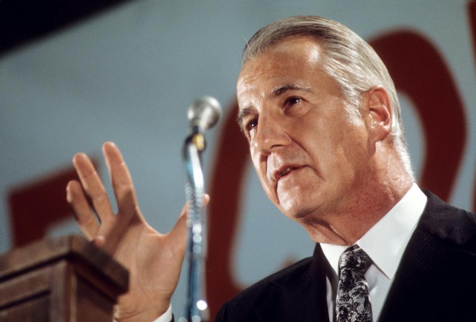 Vice President Spiro Agnew said in 1969 that concentrated news media ownership ensured control over public opinion by a ‘tiny and closed fraternity of privileged men, elected by no one.’ <a href="https://www.gettyimages.com/detail/news-photo/american-politician-us-vice-president-spiro-agnew-speaks-news-photo/846059208?phrase=Spiro%20Agnew&adppopup=true" rel="nofollow noopener" target="_blank" data-ylk="slk:David Hume Kennerly/Getty Images;elm:context_link;itc:0;sec:content-canvas" class="link ">David Hume Kennerly/Getty Images</a>