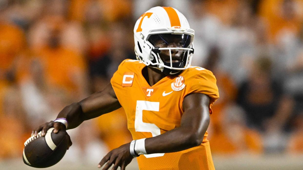 Tennessee quarterback Hendon Hooker (5) plays against Ball State during an NCAA football game on Thursday, Sept. 1, 2022, in Knoxville, Tenn. (AP Photo/John Amis)