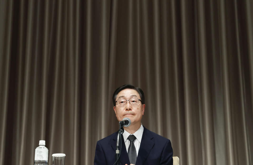 Tomihiro Tanaka, Japan branch head of South Korea’s Unification Church, speaks during a press conference in Tokyo, Monday, July 11, 2022. The Japan branch of South Korea’s Unification Church acknowledged Monday as its member the mother of the suspect in the assassination of former Prime Minister Shinzo Abe, but denied that it demanded large donations from anyone.(Yohei Fukai/Kyodo News via AP)