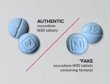 DEA side by side comparison of authentic and counterfeit M30 pills