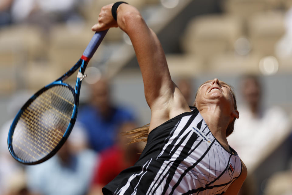 Karolina Pliskova of the Czech Republic serves against Sloane Stephens of the U.S. during their first round match of the French Open tennis tournament at the Roland Garros stadium in Paris, Monday, May 29, 2023. (AP Photo/Jean-Francois Badias)