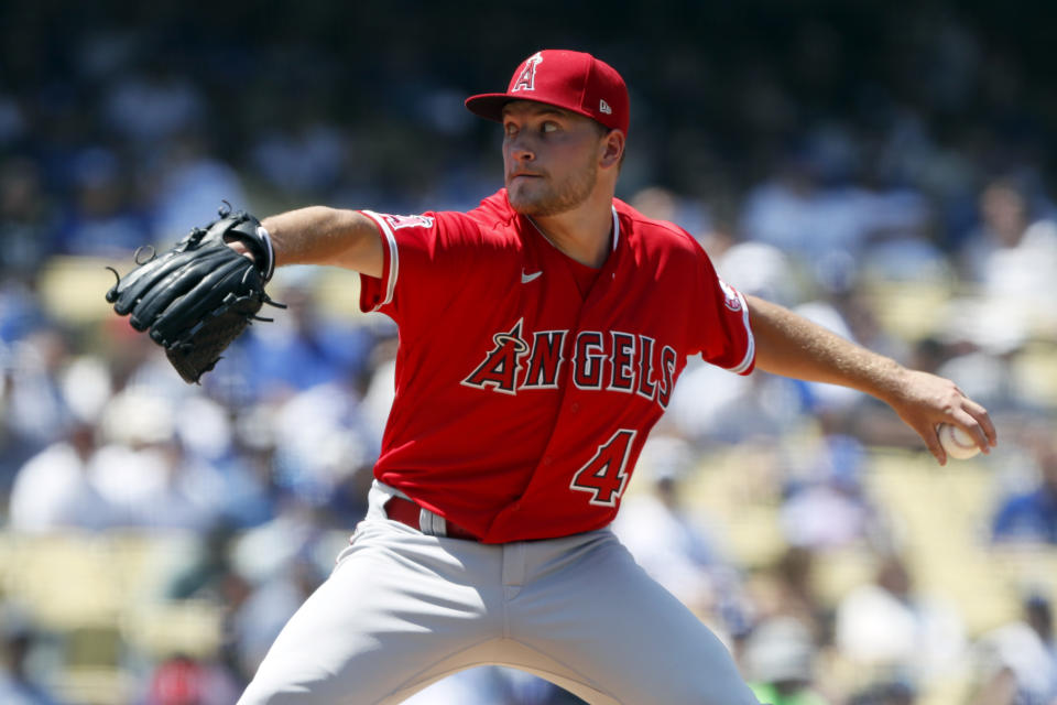 Los Angeles Angels starting pitcher Reid Detmers throws to a Los Angeles Dodgers batter during the second inning of a baseball game in Los Angeles, Sunday, Aug. 8, 2021. (AP Photo/Alex Gallardo)