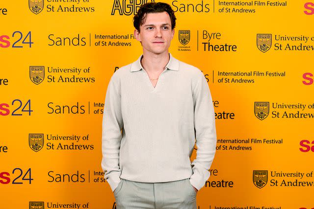 <p>Euan Cherry/Getty Images</p> Tom Holland at the the Sands International Film Festival on April 19, 2024, in St Andrews, Scotland