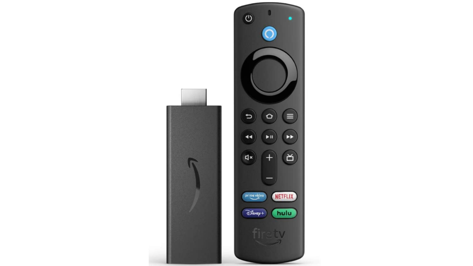 Amazon Fire Stick streaming device with Alexa voice remote.