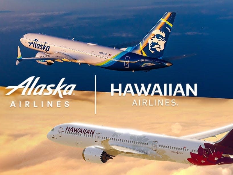 Alaska and Hawaiian planes flying.