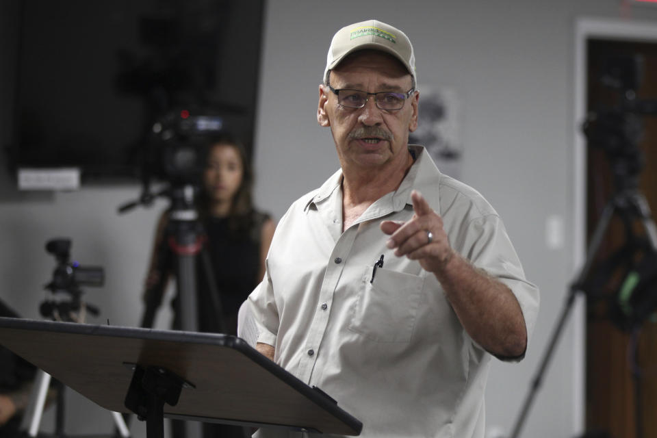 Darvin Markley, a Marion, Kansas, resident, speaks to the City Council about the local police's raids on the local weekly newspaper and the home of its publisher, Monday, Aug. 21, 2023, in Marion, Kansas. Markley says the police chief, who led the raid, should have been fired. (AP Photo/John Hanna)