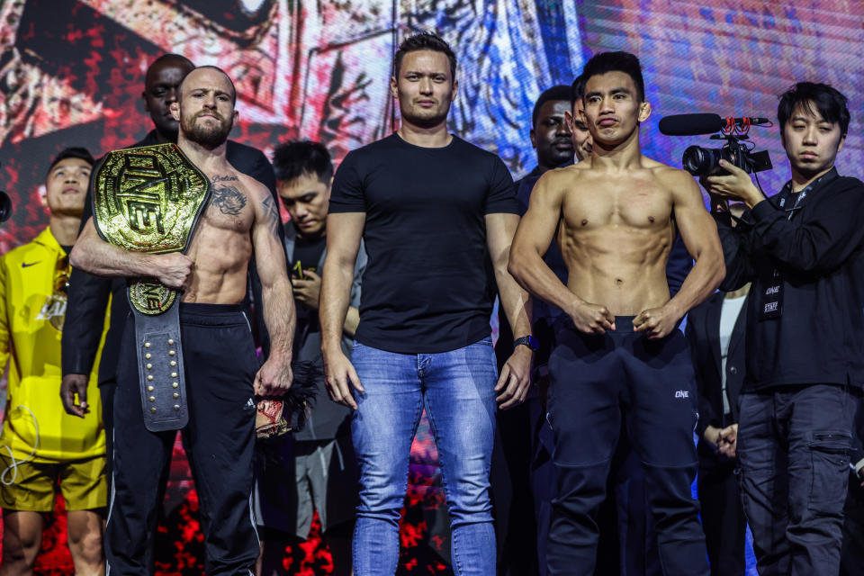 Jarred Brooks vs Joshua Pacio faceoff ONE 166 ceremonial weigh-ins