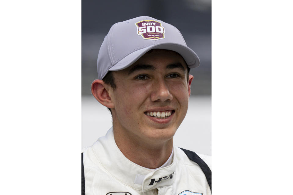 FILE - Nolan Siegel poses for a photo after qualifying for the Indianapolis 500 auto race at Indianapolis Motor Speedway in Indianapolis, Saturday, May 18, 2024. Arrow McLaren made yet another driver change Tuesday, June 18, when it signed 19-year-old Nolan Siegel to drive the remainder of the IndyCar season. He will be the third different driver to race the No. 6 this year. (AP Photo/Dave Parker, File)