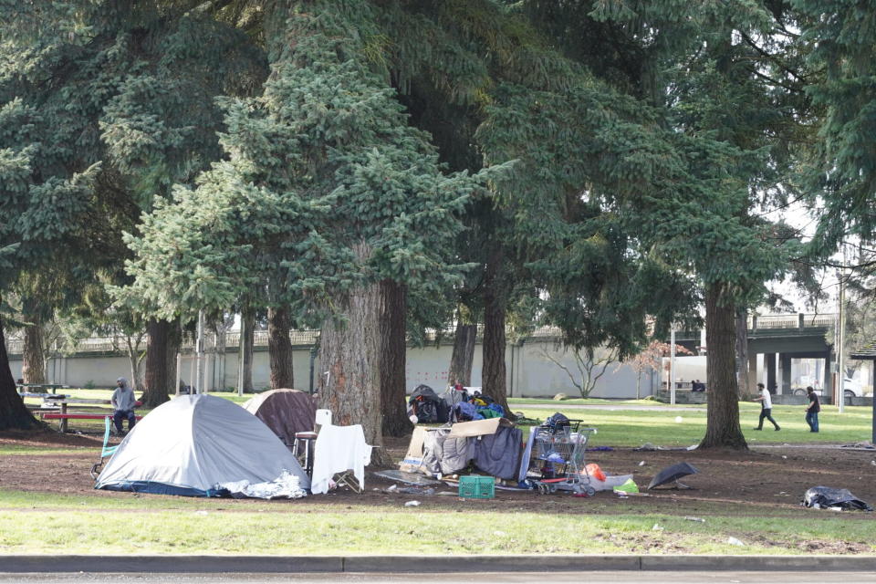 A makeshift campsite for people experiencing homelessness in downtown Salem, Oregon