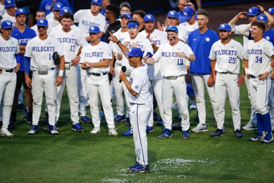 Kentucky head coach Nick Mingione celebrates his team’s win against Indiana to clinch the Lexington Regional and advance to a super regional in the NCAA Tournament.