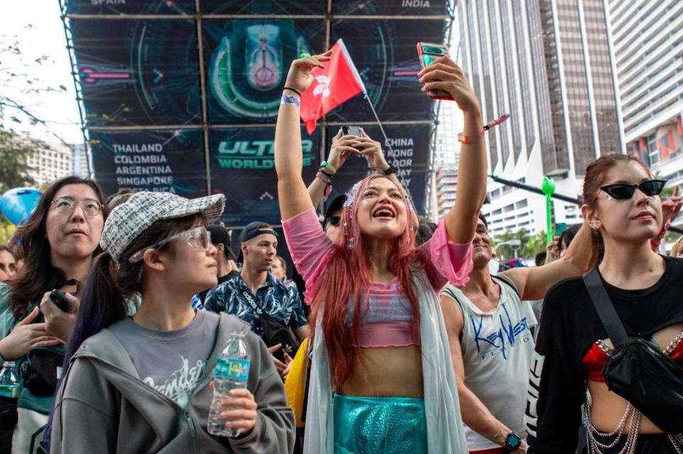 A woman reacts during a set at Ultra 2024 at Bayfront Park in Downtown Miami on Friday, March 22, 2024.